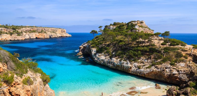 View of Cala des Moro beach and its azure blue water